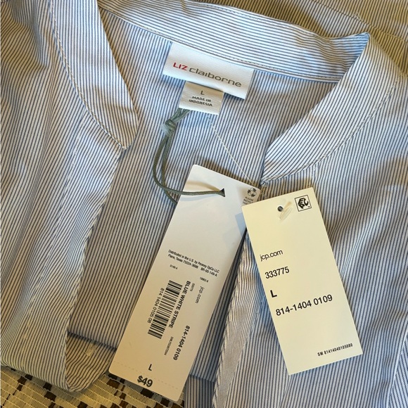 NWT Liz Claiborne Pleated Small Blue and White Stripe Belted Blouse Size Large - Picture 3 of 13